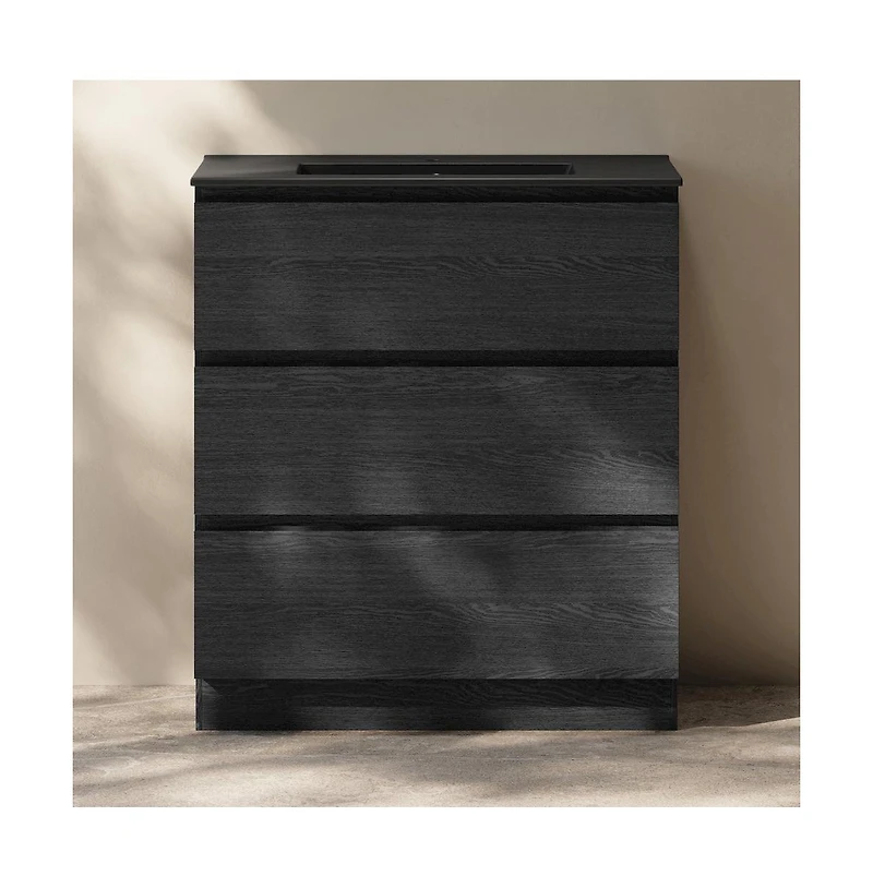 Swiss Madison Liberte 30" Freestanding Bathroom Vanity in Black Oak with Black Sink Top