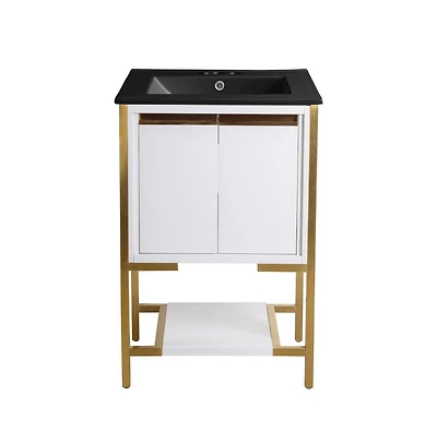 Marseille 24 in. White Bathroom Vanity With Black, 3-Hole Ceramic Sink Top