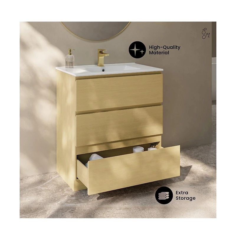 Liberte 30" Freestanding Bathroom Vanity in Natural Oak with Sink Top