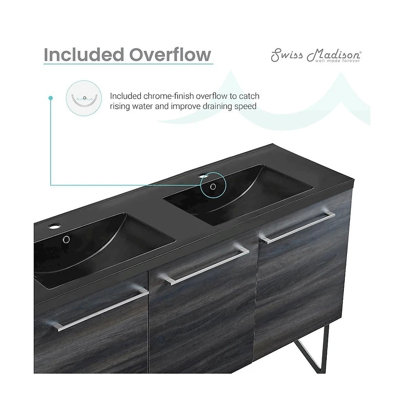 Swiss Madison 60 in. Black Walnut, Double Basin Bathroom Vanity, Artificial Stone Sink Top