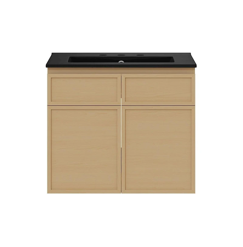 Swiss Madison24" Wall-Mounted Bathroom Vanity in Natural Oak, Black 3-Hole Centerset Sink Top