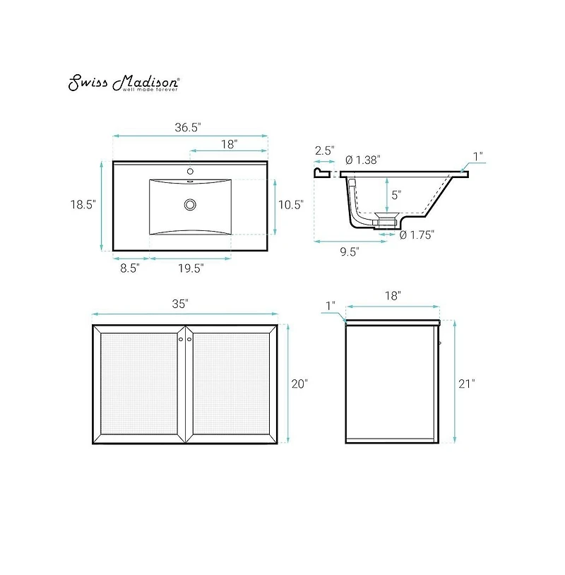 Swiss Madison36" Wall-Mounted Bathroom Vanity in Black Oak with Single Faucet Hole Vanity Top