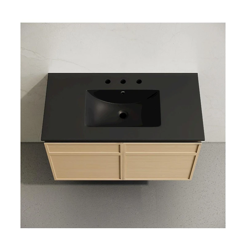 Swiss Madison 36" Wall-Mounted Bathroom Vanity, Natural Oak, Black 3-Hole Widespread Sink Top