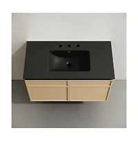 Swiss Madison 36" Wall-Mounted Bathroom Vanity, Natural Oak, Black 3-Hole Widespread Sink Top