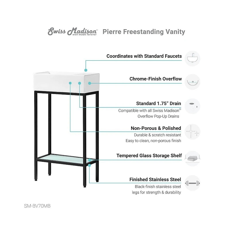 Swiss Madison Pierre 19.5 Single, Freestanding, Open Shelf, Matte Black Frame Bathroom Vanity