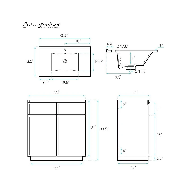Swiss Madison St. Tropez 36" Freestanding Bathroom Vanity in Oak with Sink Top