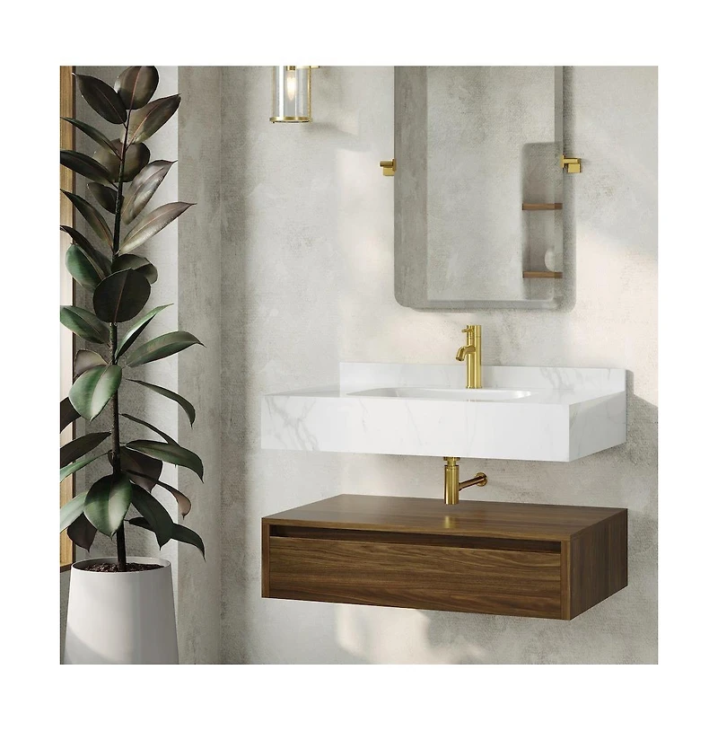 Swiss MadisonAvancer 36" Wall-Mounted Bathroom Vanity in Brown Oak with White Marble Sink Top