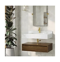 Swiss MadisonAvancer 36" Wall-Mounted Bathroom Vanity in Brown Oak with White Marble Sink Top