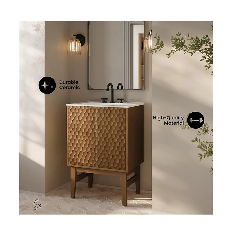 24" Freestanding Bathroom Vanity in Brown Oak with 3-Hole Centerset Sink Top