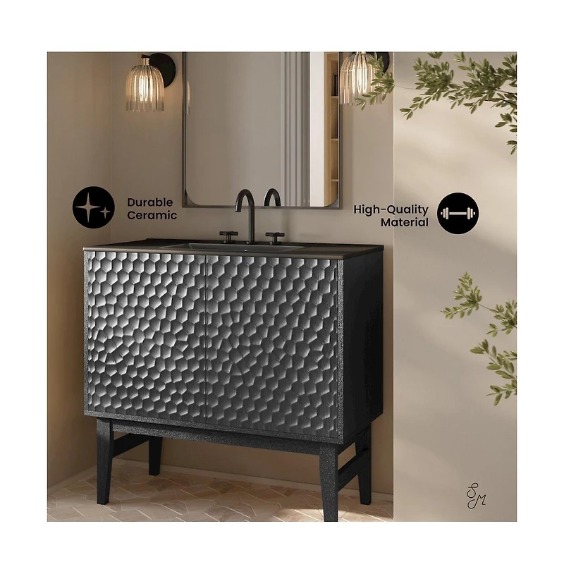 Swiss Madison 36" Freestanding Bathroom Vanity in Black Oak, Black 3-Hole Widespread Sink Top