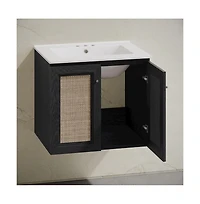 24" Wall-Mounted Bathroom Vanity in Black Oak, Centerset Faucet Holes Vanity Top