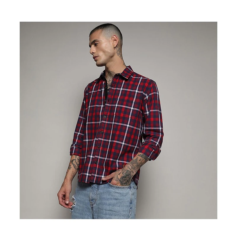 Campus Sutra Men's Navy Blue & Red Tartan Plaid Shirt