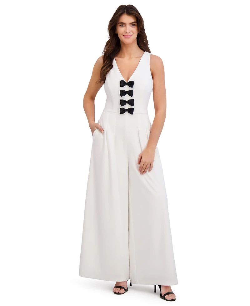 London Times Women's V-Neck Pleated Wide-Leg Jumpsuit