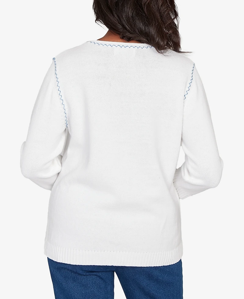 Alfred Dunner Petite Hilton Head Denim Floral Applique Henley Top