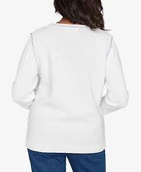 Alfred Dunner Petite Hilton Head Denim Floral Applique Henley Top