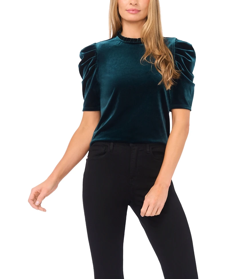 CeCe Women's Velvet Ruffle Mock Neck Top