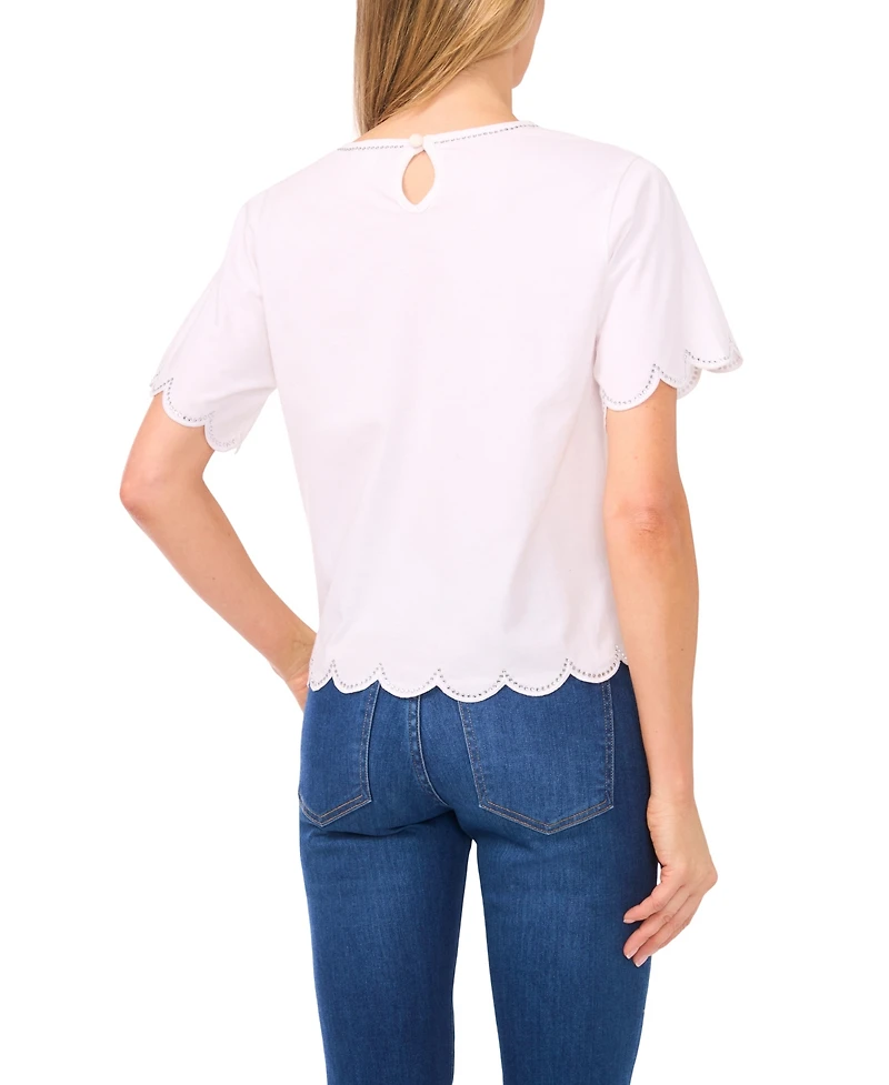 CeCe Women's Rhinestone Scalloped Knit Top
