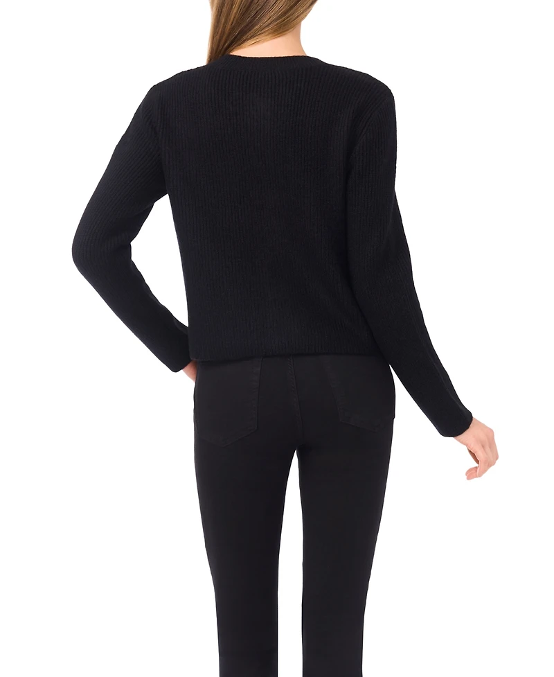 CeCe Women's Crewneck Rhinestone Heart Pocket Cardigan