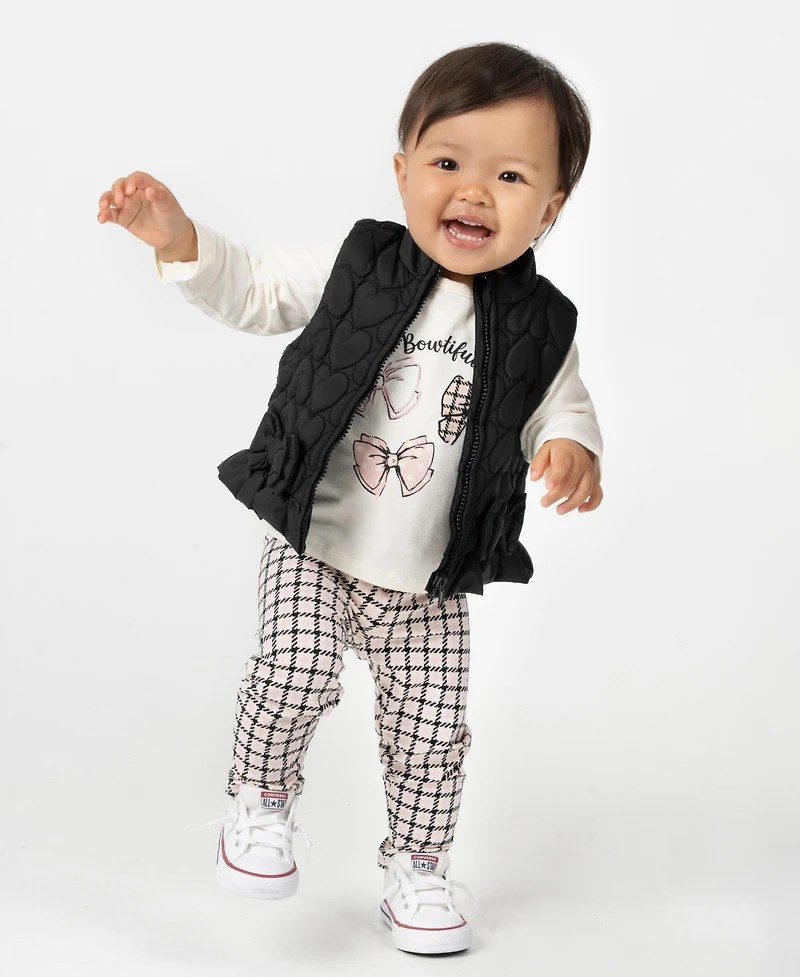Rare Editions Baby Girls 3-Piece Quilted Hearts Puffer Vest, Top and Leggings Set