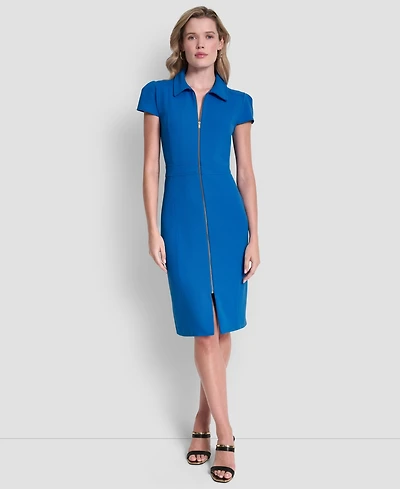 Dkny Women's Cap Sleeve Collared Neck Full Zip Midi Dress