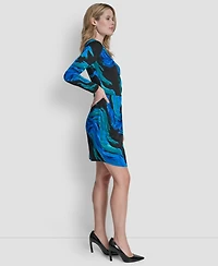Dkny Women's Long Sleeve Jewel Neck Ruched Skirt Dress