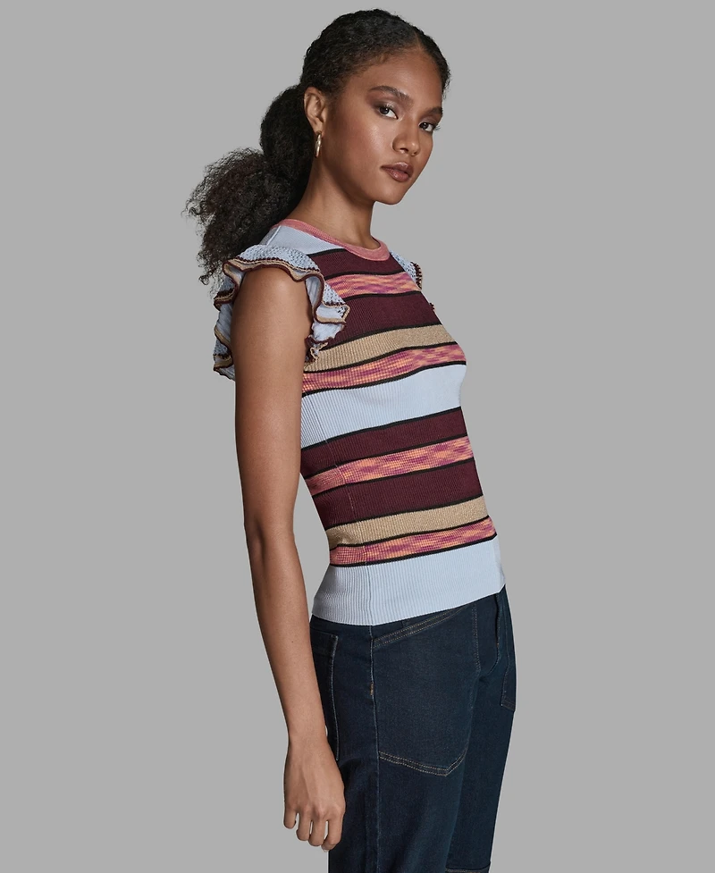 Bcbg Women's Stripe Short Flutter-Sleeve Crewneck Sweater