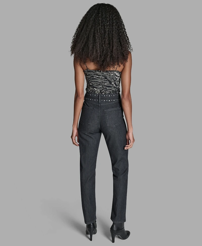 Bcbg Women's Grommet Straight Leg Mid Rise Jeans