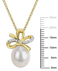 Macy's Cultured Freshwater Pearl (9-10mm) & White Sapphire Bow Pendant Necklace (1/10 ct. t.w.) in 18k Gold Flash Plated Sterling Silver