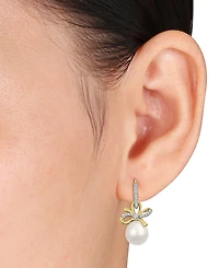 Macy's Cultured Freshwater Pearl (9-10mm) & White Sapphire Bow Drop Earrings (3/8 ct. t.w.) in 18K Gold Flash Plated Sterling Silver