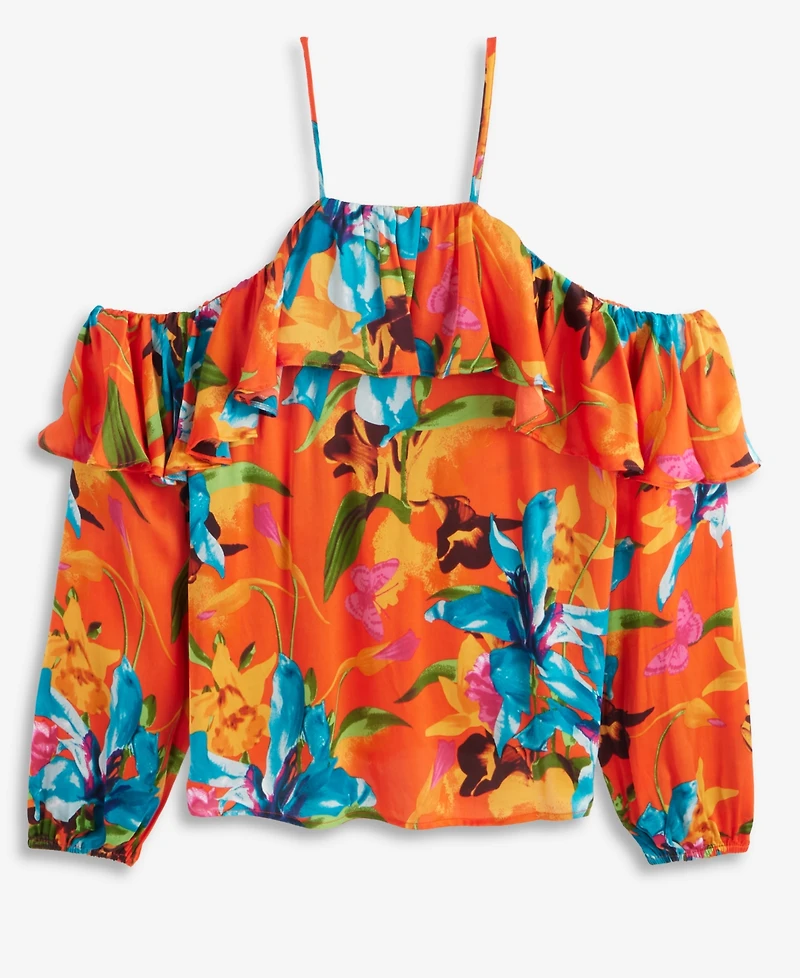 I.n.c. International Concepts Women's Printed Ruffled Cold-Shoulder Top, Macy's Exclusive