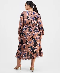 Tahari Asl Plus Floral Print Faux-Wrap Midi Dress