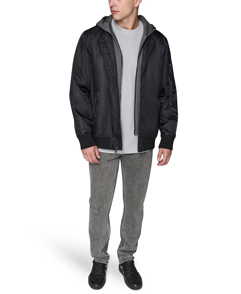 Karl Lagerfeld Paris Men's Embroidered Signature Hooded Bomber