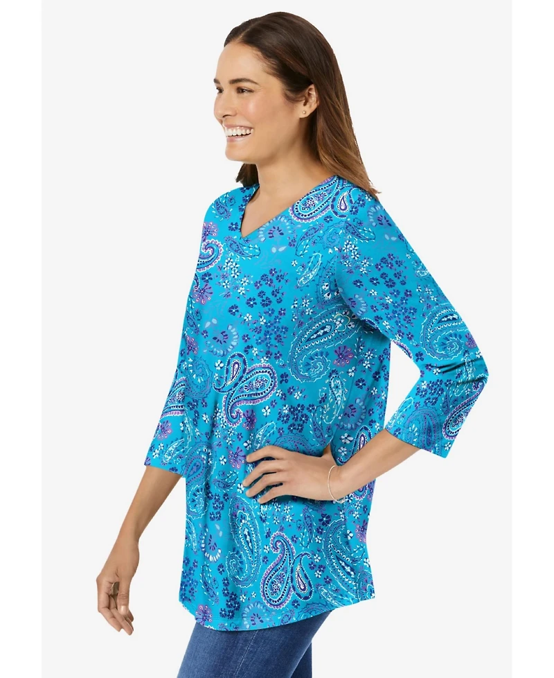 Woman Within Women's Perfect Printed Three-Quarter Sleeve V-Neck Tee