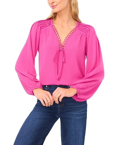 CeCe Women's Circular Trim Pin-Tuck Long Sleeve Blouse