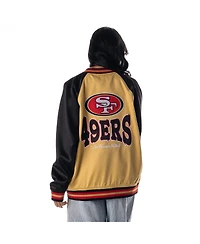 The Wild Collective Women's Gold San Francisco 49ers Oversized Satin Raglan Full-Snap Bomber Jacket