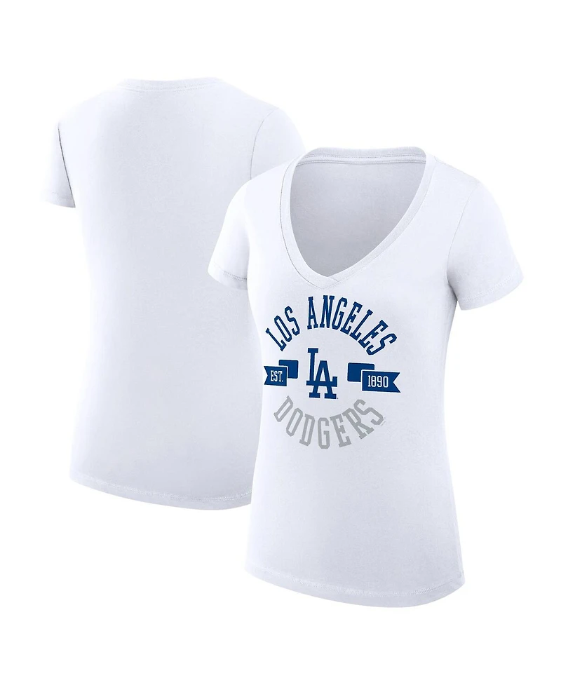 G-iii 4Her by Carl Banks Women's White Los Angeles Dodgers Super-Slim Fit Lightweight City Graphic V-Neck T-Shirt