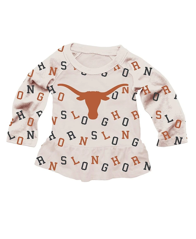 Wes & Willy Girls Toddler 2-Piece Oatmeal Texas Longhorns Ruffle Raglan Long Sleeve T-Shirt and Leggings Set