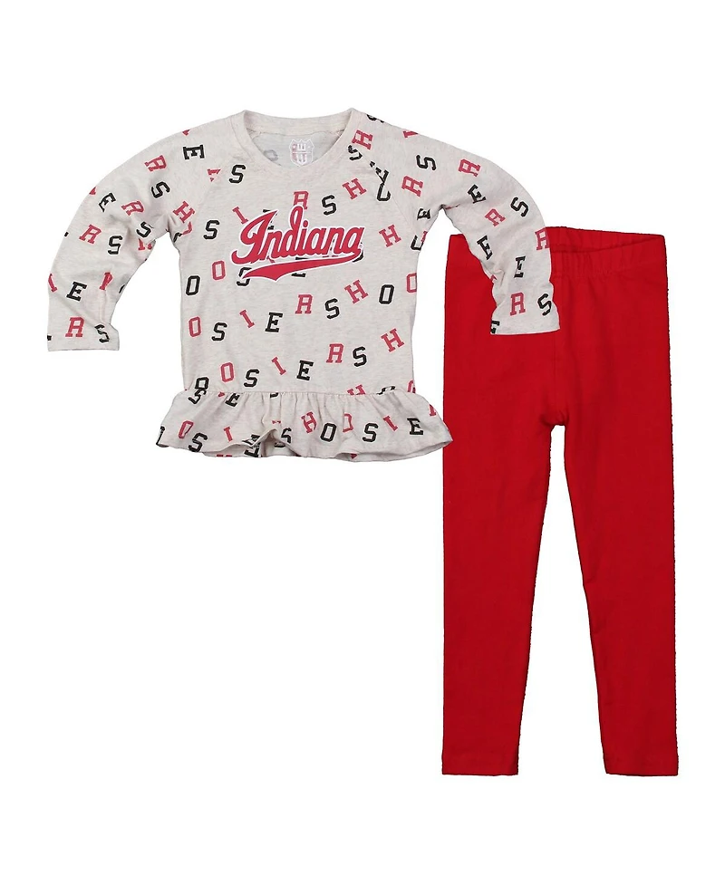 Wes & Willy Girls Toddler 2-Piece Oatmeal Indiana Hoosiers Ruffle Raglan Long Sleeve T-Shirt and Leggings Set