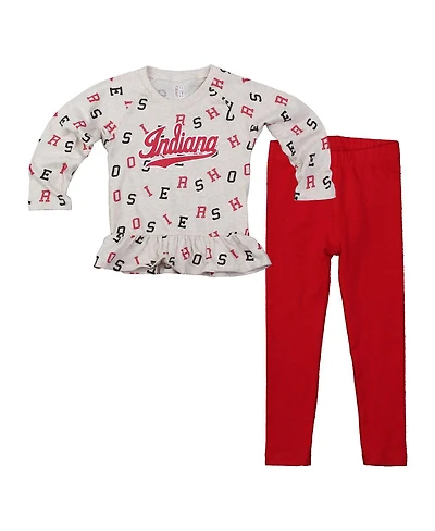 Wes & Willy Girls Toddler 2-Piece Oatmeal Indiana Hoosiers Ruffle Raglan Long Sleeve T-Shirt and Leggings Set