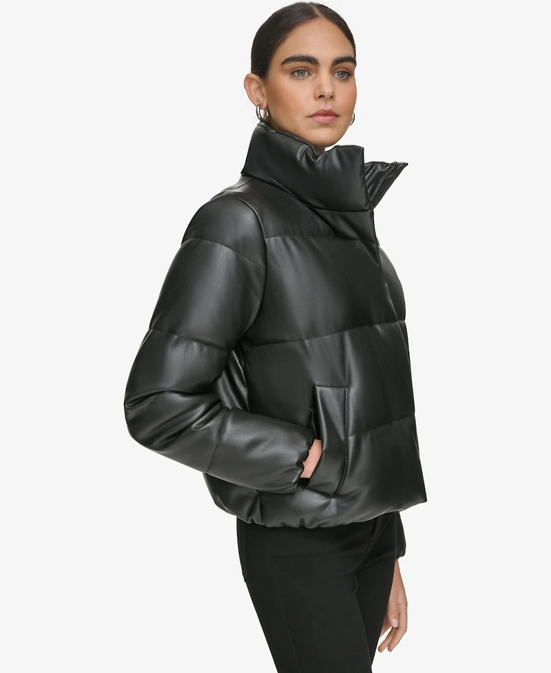 Calvin Klein Women's Short Faux-Leather Puffer Jacket