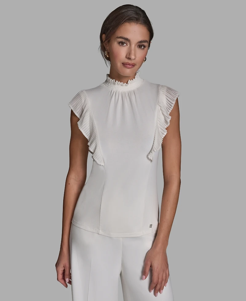 Bcbg Women's Pleated Mock Neck Flutter Sleeve Top