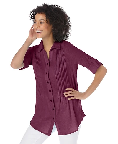 Woman Within Women's Pintucked Button Down Gauze Shirt