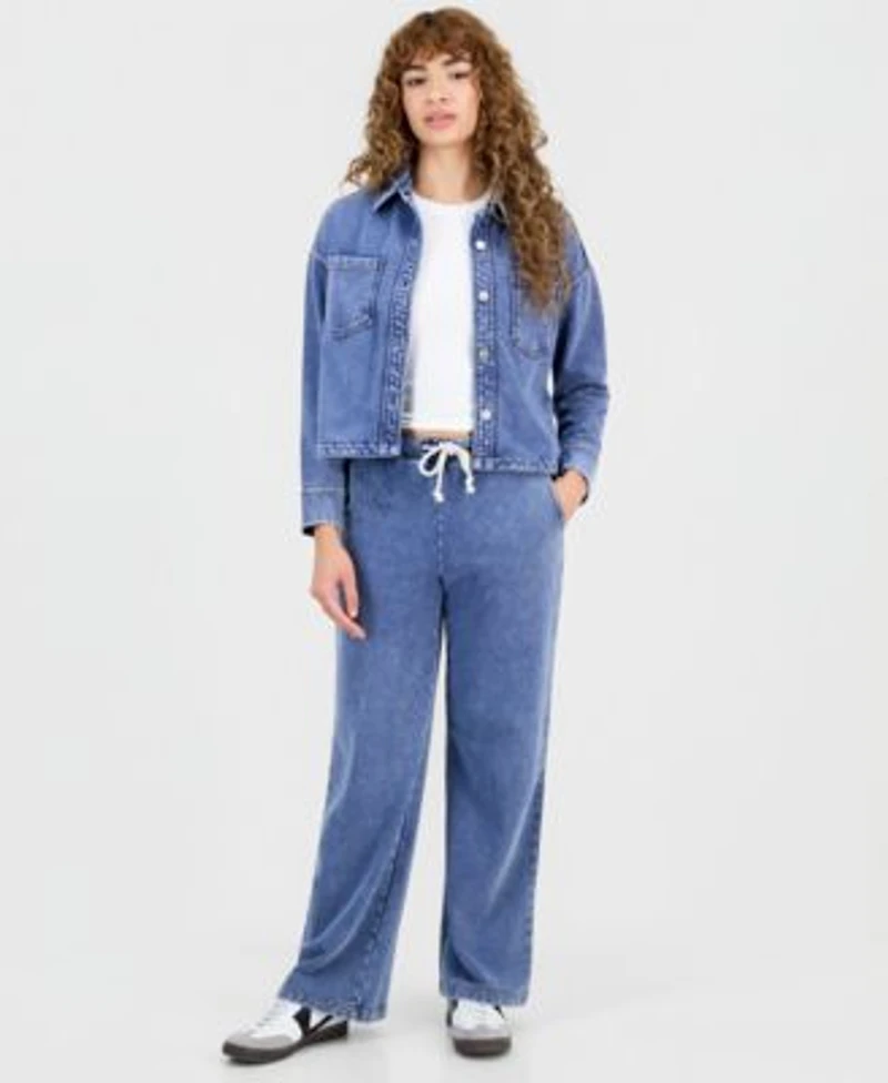 Now This Womens Faux Denim French Terry Wide Leg Pants Macys Exclusive