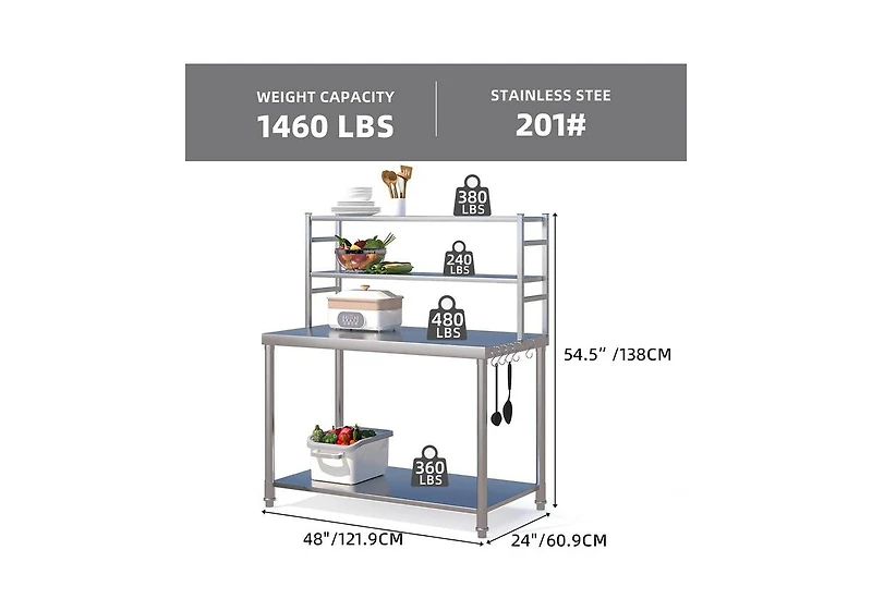 Aecojoy Stainless Steel Table with Overshelves 48"x24" Prep Table for Commercial