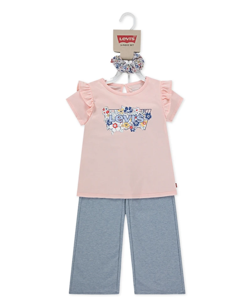 Levi's Girls 4T-6X Ruffle Shoulder Top, Pants and Scrunchie, 3-Piece Set