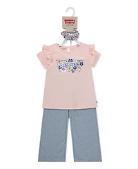 Levi's Girls 4T-6X Ruffle Shoulder Top, Pants and Scrunchie, 3-Piece Set