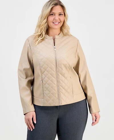 Anne Klein Essentials Plus Size Faux-Leather Quilt-Front Zip-Front Jacket
