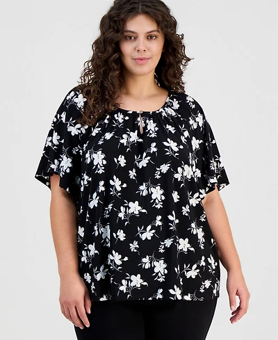 Ak Anne Klein Plus Printed Short Sleeve Blouse