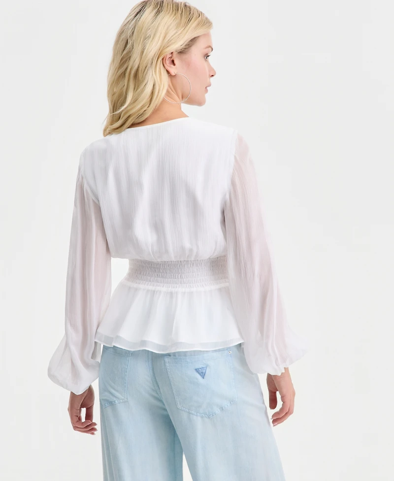 Guess Women's Mishka Chiffon Smocked Peplum-Hem Blouse