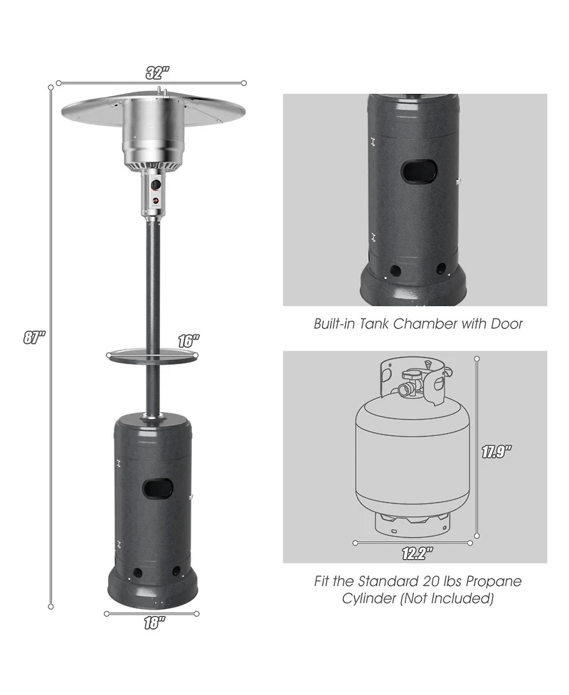 Mecale Outdoor Heater Propane Standing Lp Gas Steel with Table and Wheels